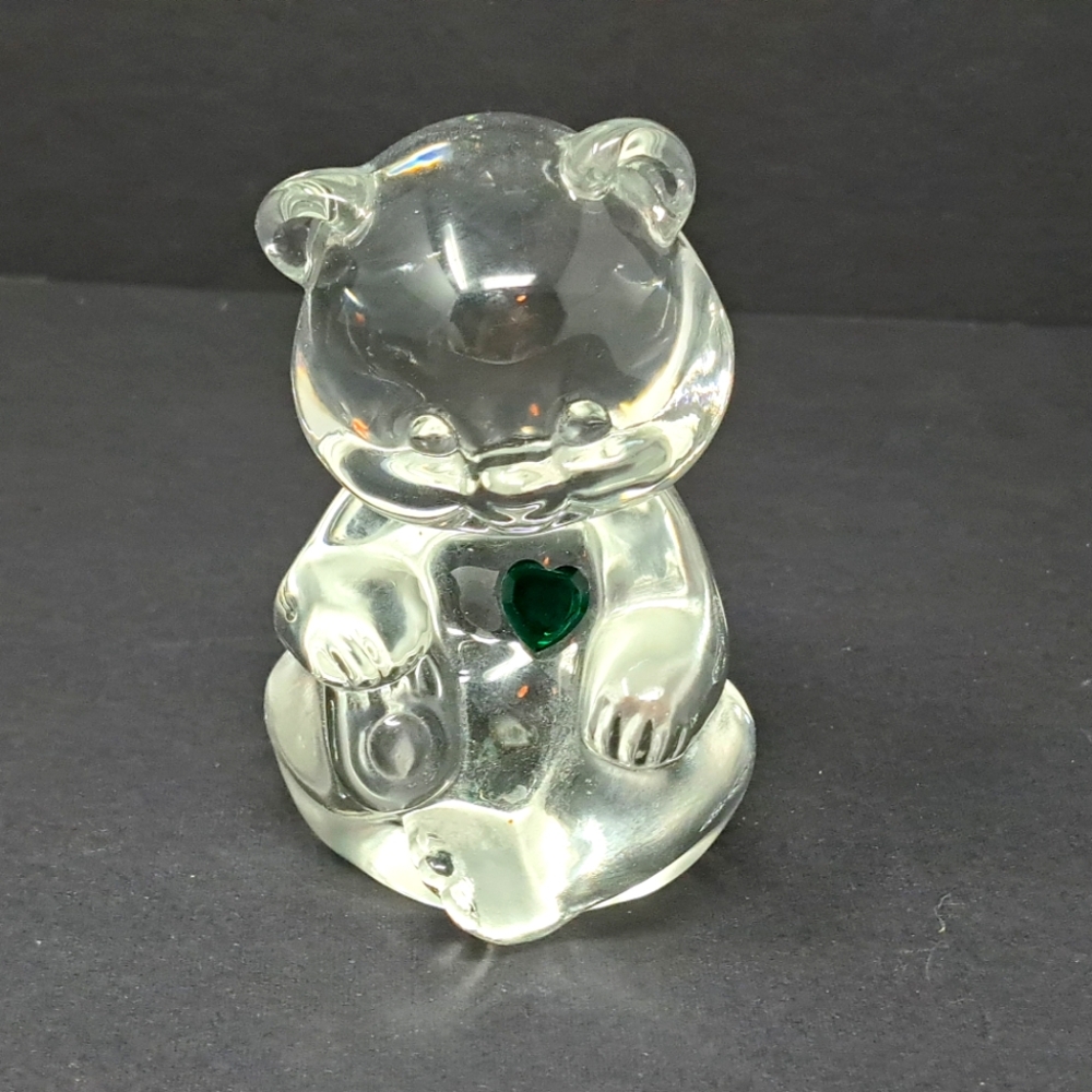 Fenton Glass Birthday Bear With Emerald Colored Heart